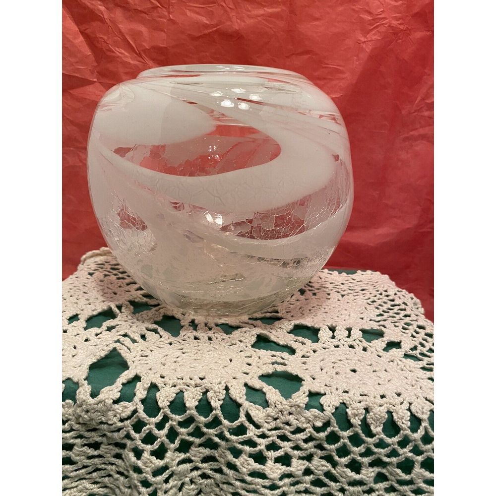 Vintage Hand Blown Clear Frosted White Crackle Glass Round Vase Art Deco 7"x8"